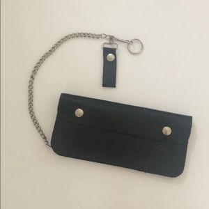 Vintage Black Leather Clutch with Chain Key Strap